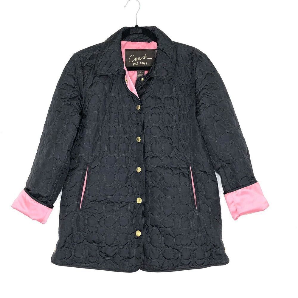 COACH Black & Pink Monogram C Logo Quilted Jacket Size S Satin Pink lining NWT
